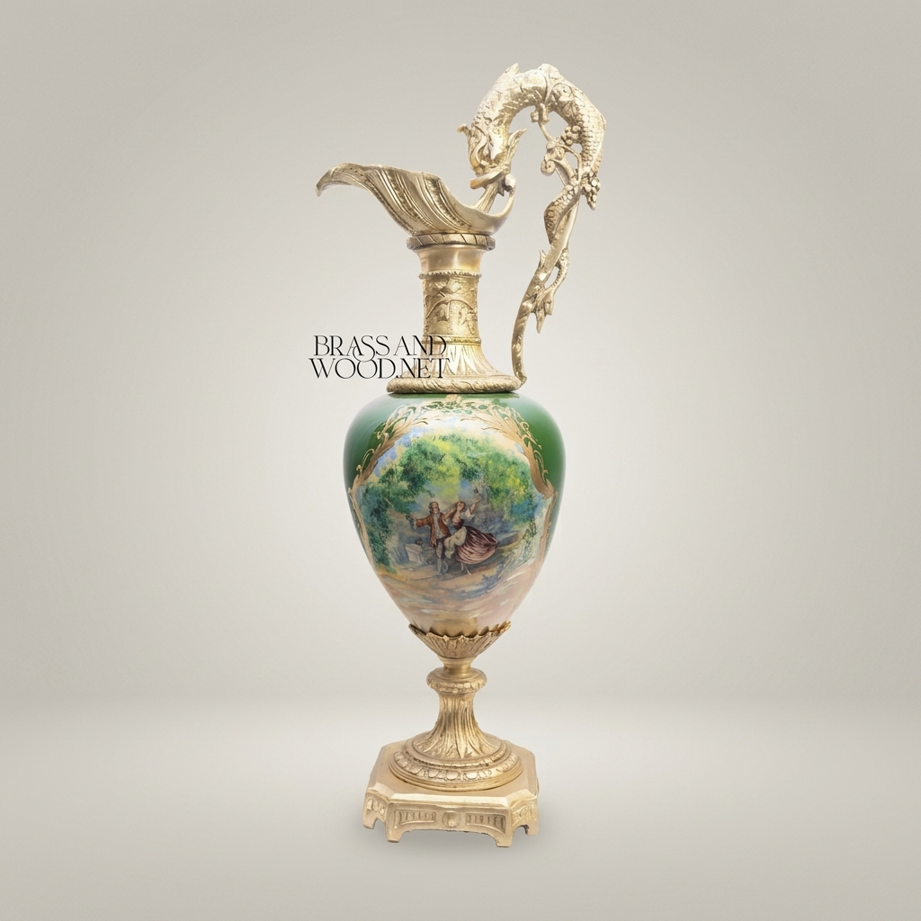 Rococo Hand-Cast Brass Ewer Vase with Dragon Handle & Hand-Painted Green Ceramic Body — Antique Gold