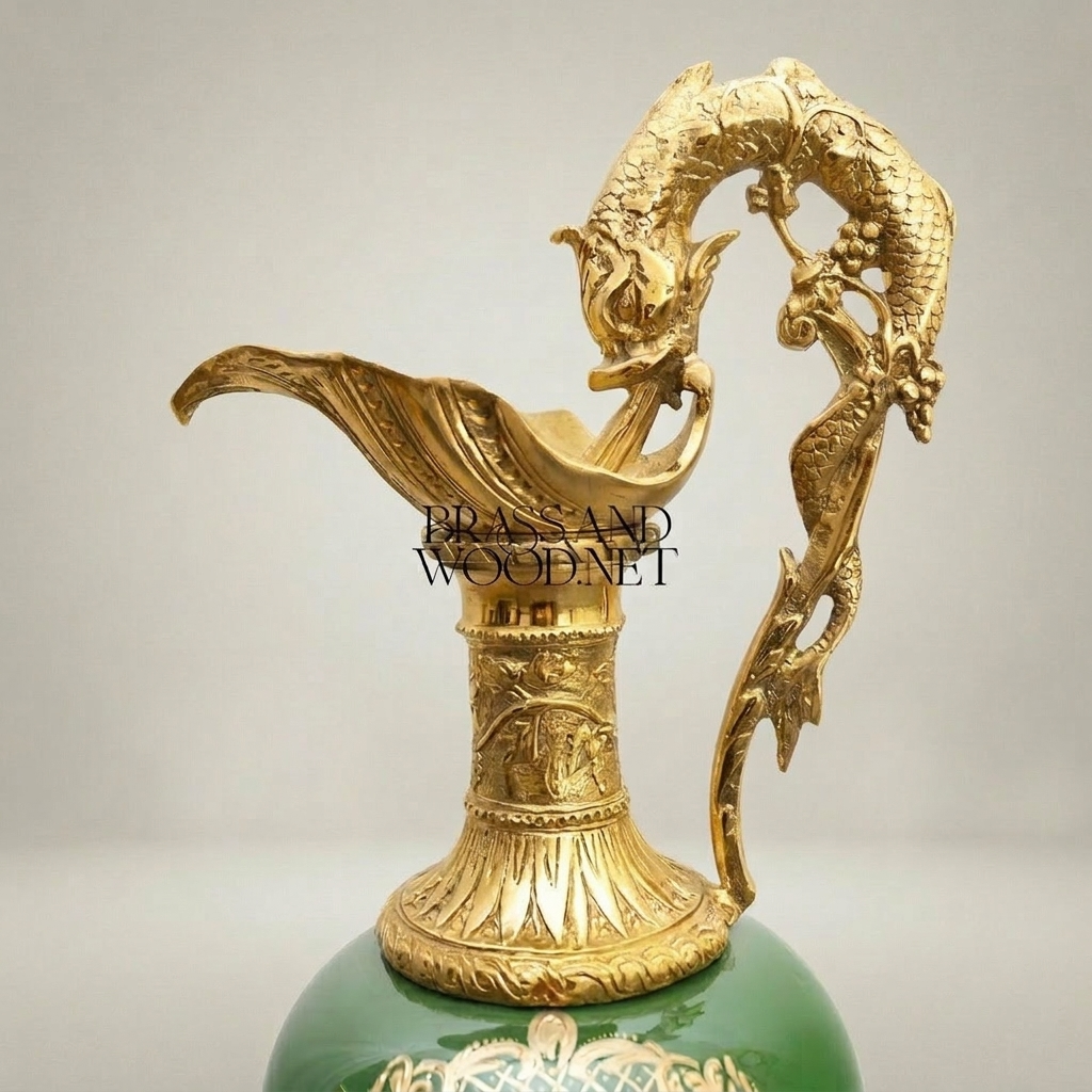 Rococo Hand-Cast Brass Ewer Vase with Dragon Handle & Hand-Painted Green Ceramic Body — Gold