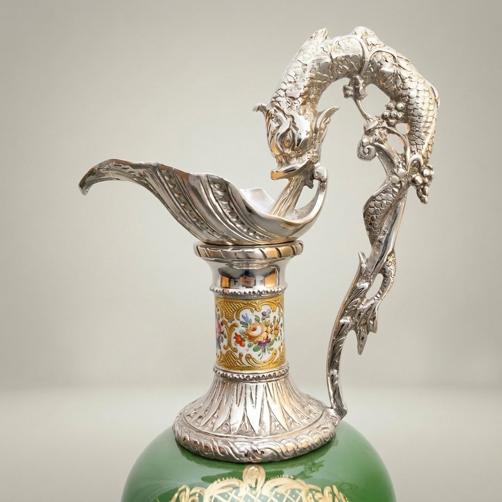 Rococo Hand-Cast Brass Ewer Vase with Dragon Handle & Hand-Painted Green Ceramic Body — Silver
