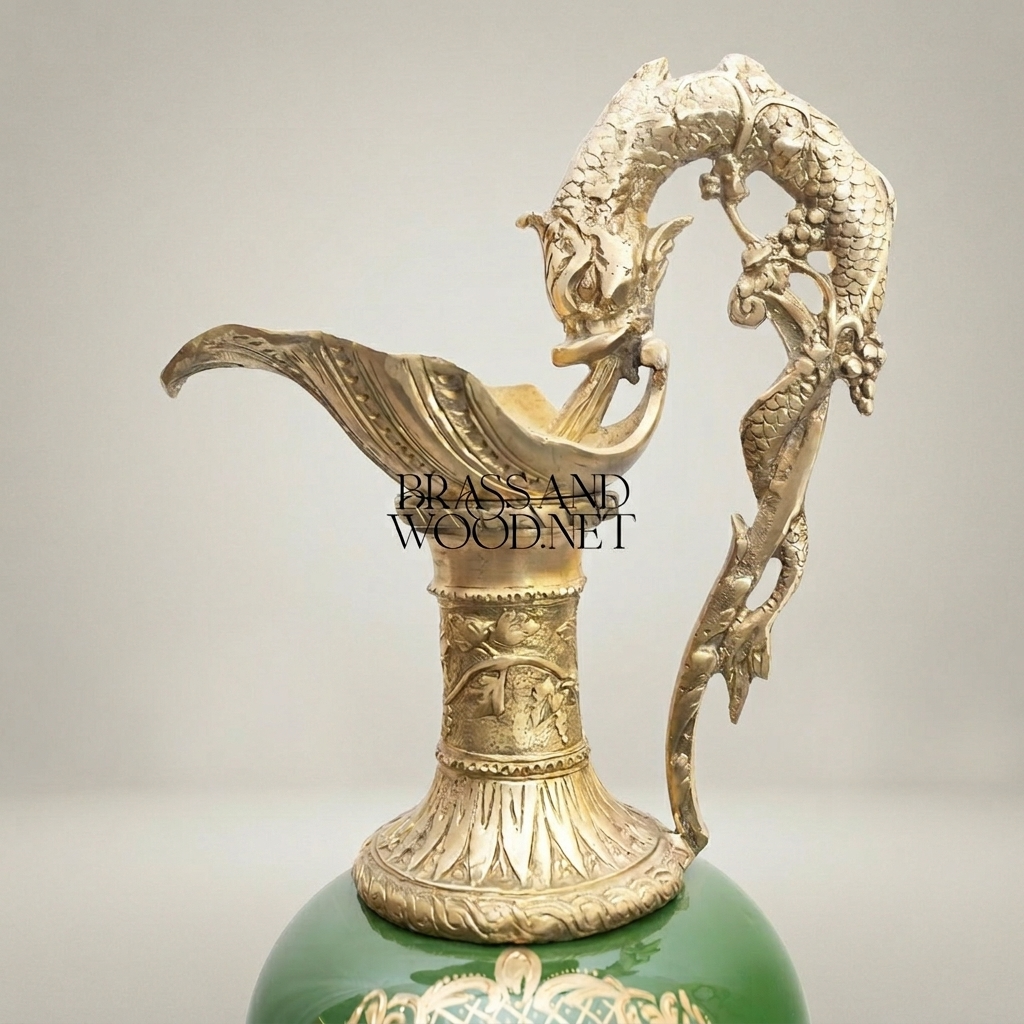 Rococo Hand-Cast Brass Ewer Vase with Dragon Handle & Hand-Painted Green Ceramic Body — Antique Gold