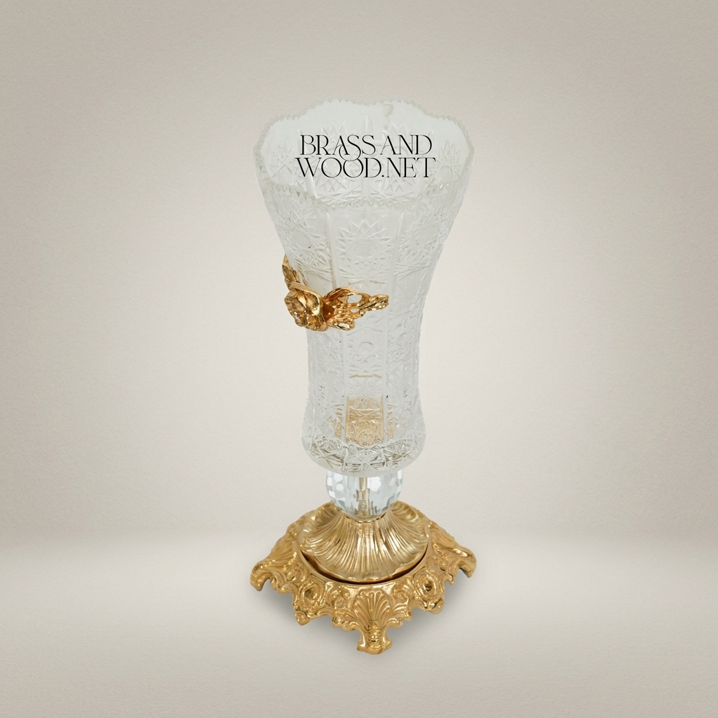 Rococo Engraved Crystal Trumpet Vase with Gilt-Brass Acanthus Collar & Ornate Cast Base — Gold