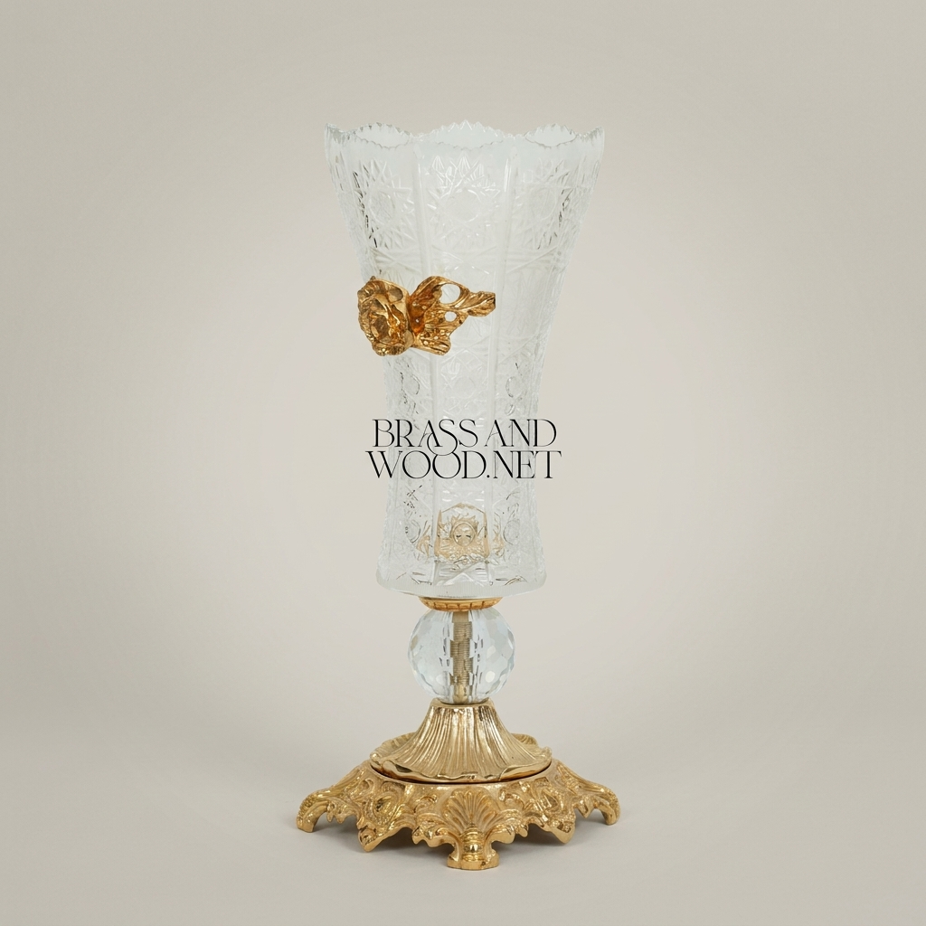 Rococo Engraved Crystal Trumpet Vase with Gilt-Brass Acanthus Collar & Ornate Cast Base — Gold