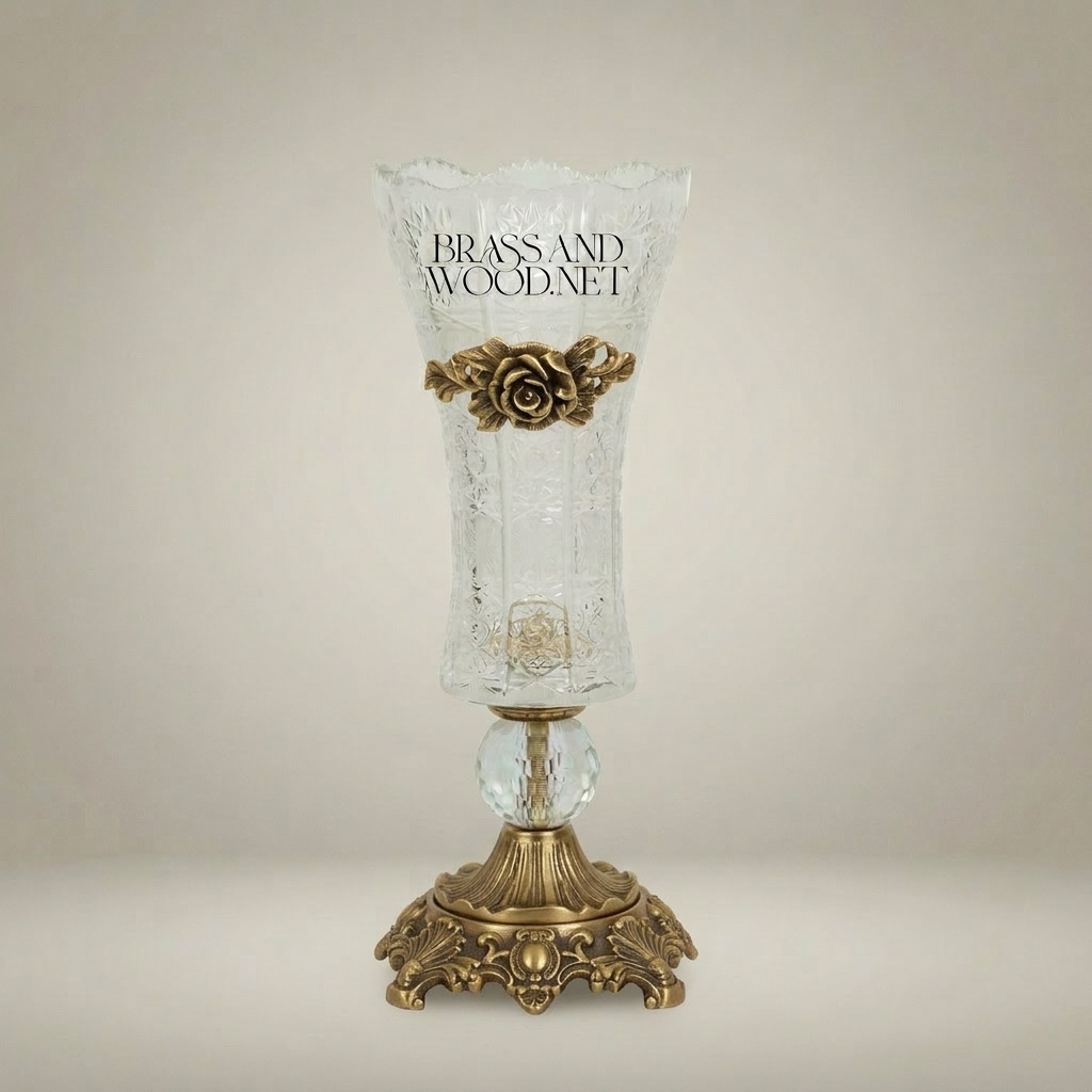 Rococo Engraved Crystal Trumpet Vase with Gilt-Brass Acanthus Collar & Ornate Cast Base — Antique Gold
