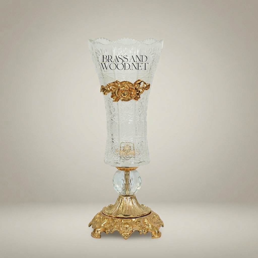 Rococo Engraved Crystal Trumpet Vase with Gilt-Brass Acanthus Collar & Ornate Cast Base