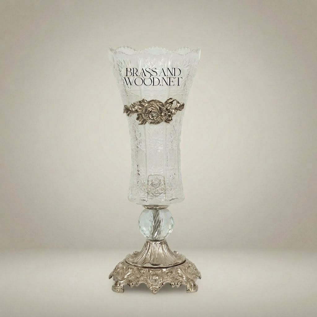 Rococo Engraved Crystal Trumpet Vase with Gilt-Brass Acanthus Collar & Ornate Cast Base — Silver