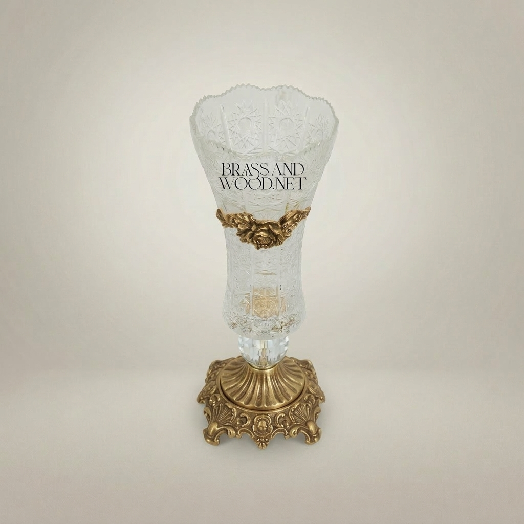 Rococo Engraved Crystal Trumpet Vase with Gilt-Brass Acanthus Collar & Ornate Cast Base — Antique Gold