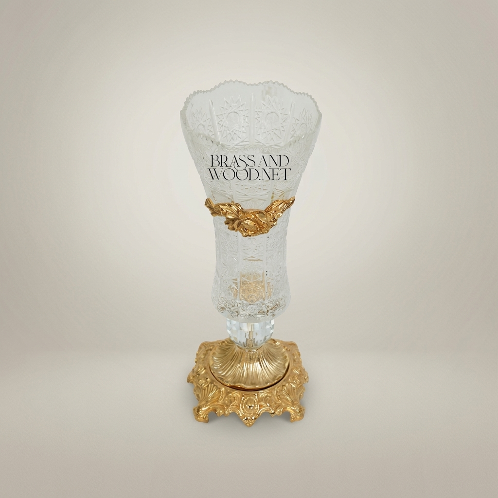 Rococo Engraved Crystal Trumpet Vase with Gilt-Brass Acanthus Collar & Ornate Cast Base