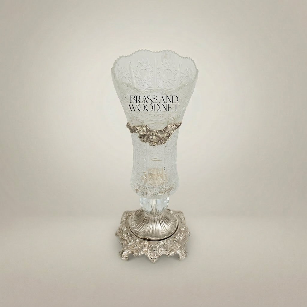 Rococo Engraved Crystal Trumpet Vase with Gilt-Brass Acanthus Collar & Ornate Cast Base — Silver