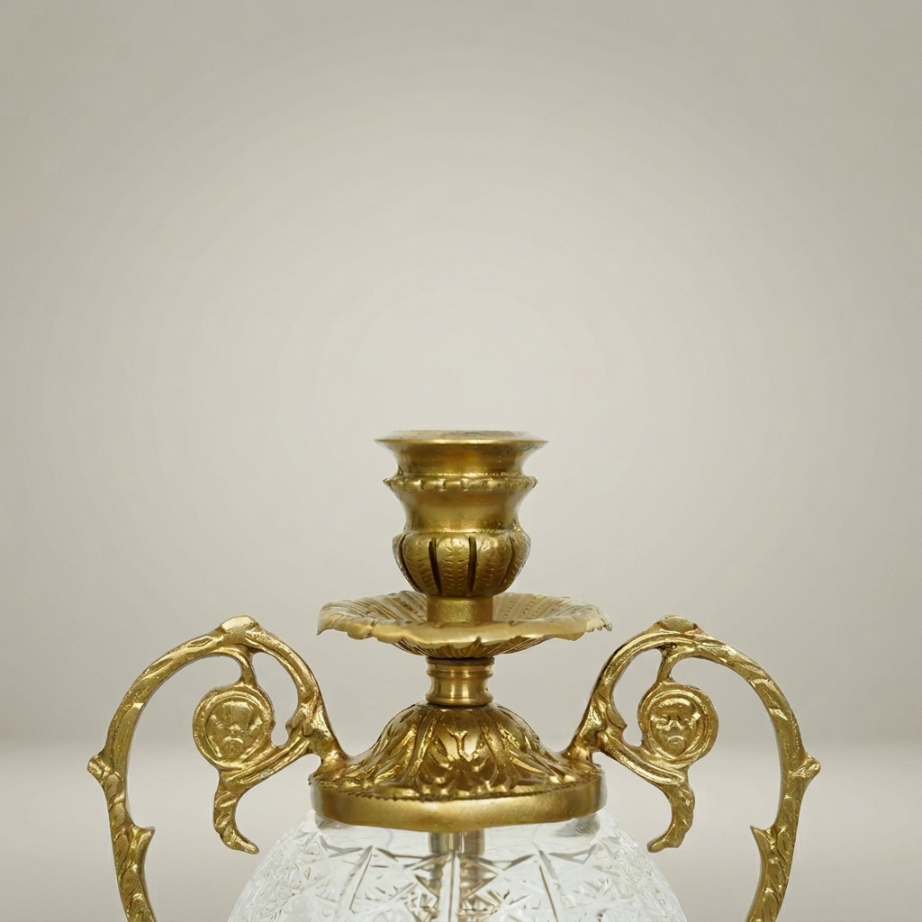 Rococo Etched Crystal & Brass Urn Candleholder - Scrolled Handle Amphora — Antique Gold