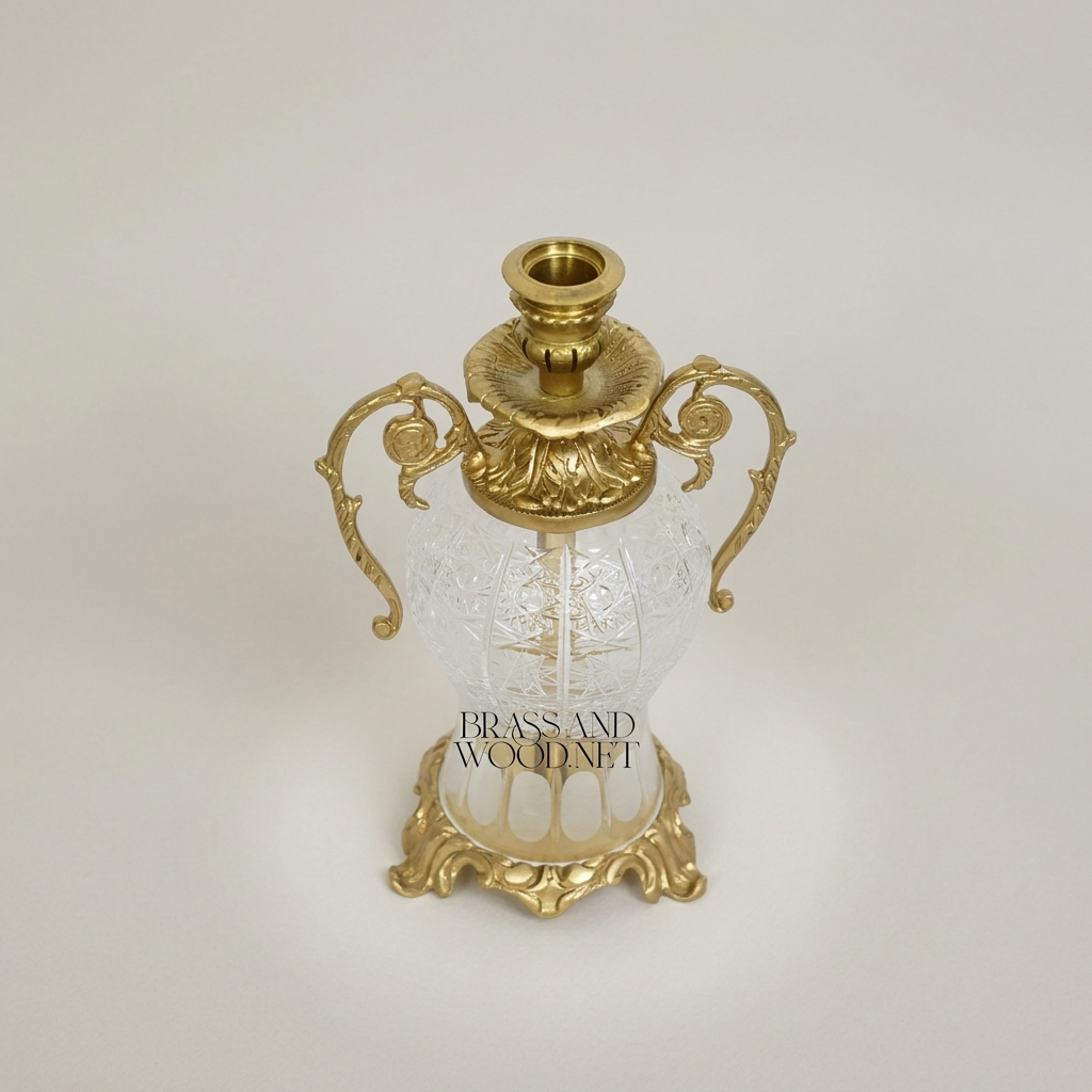 Rococo Etched Crystal & Brass Urn Candleholder - Scrolled Handle Amphora — Antique Gold