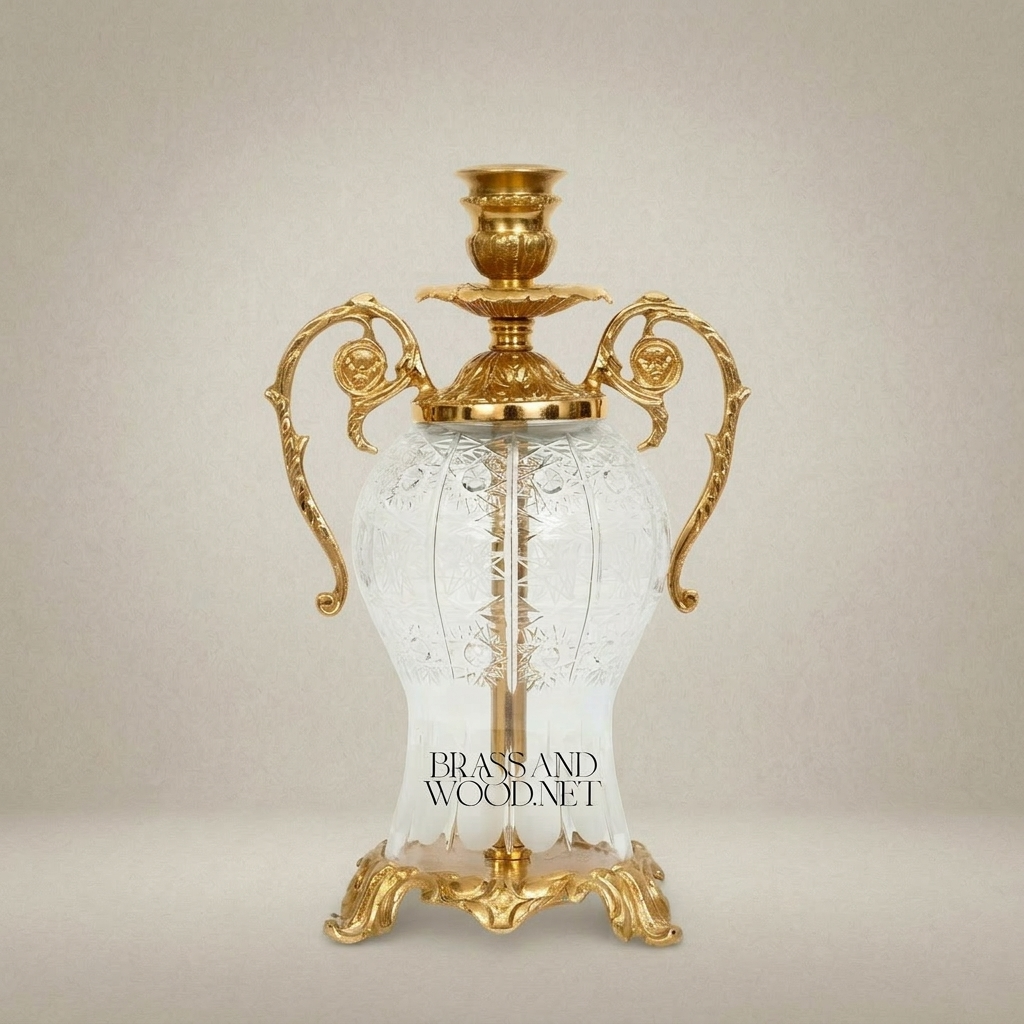 Rococo Etched Crystal & Brass Urn Candleholder - Scrolled Handle Amphora