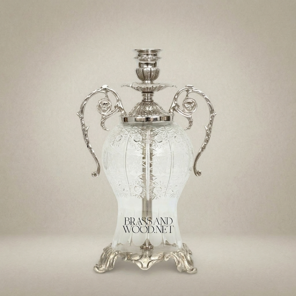 Rococo Etched Crystal & Brass Urn Candleholder - Scrolled Handle Amphora — Silver