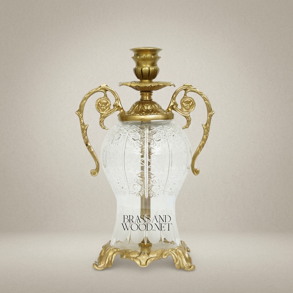 Rococo Etched Crystal & Brass Urn Candleholder - Scrolled Handle Amphora — Antique Gold