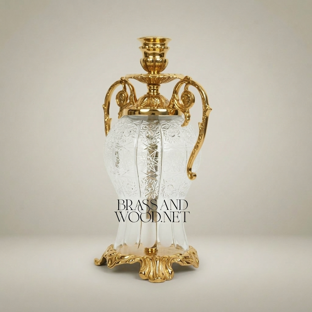 Rococo Etched Crystal & Brass Urn Candleholder - Scrolled Handle Amphora