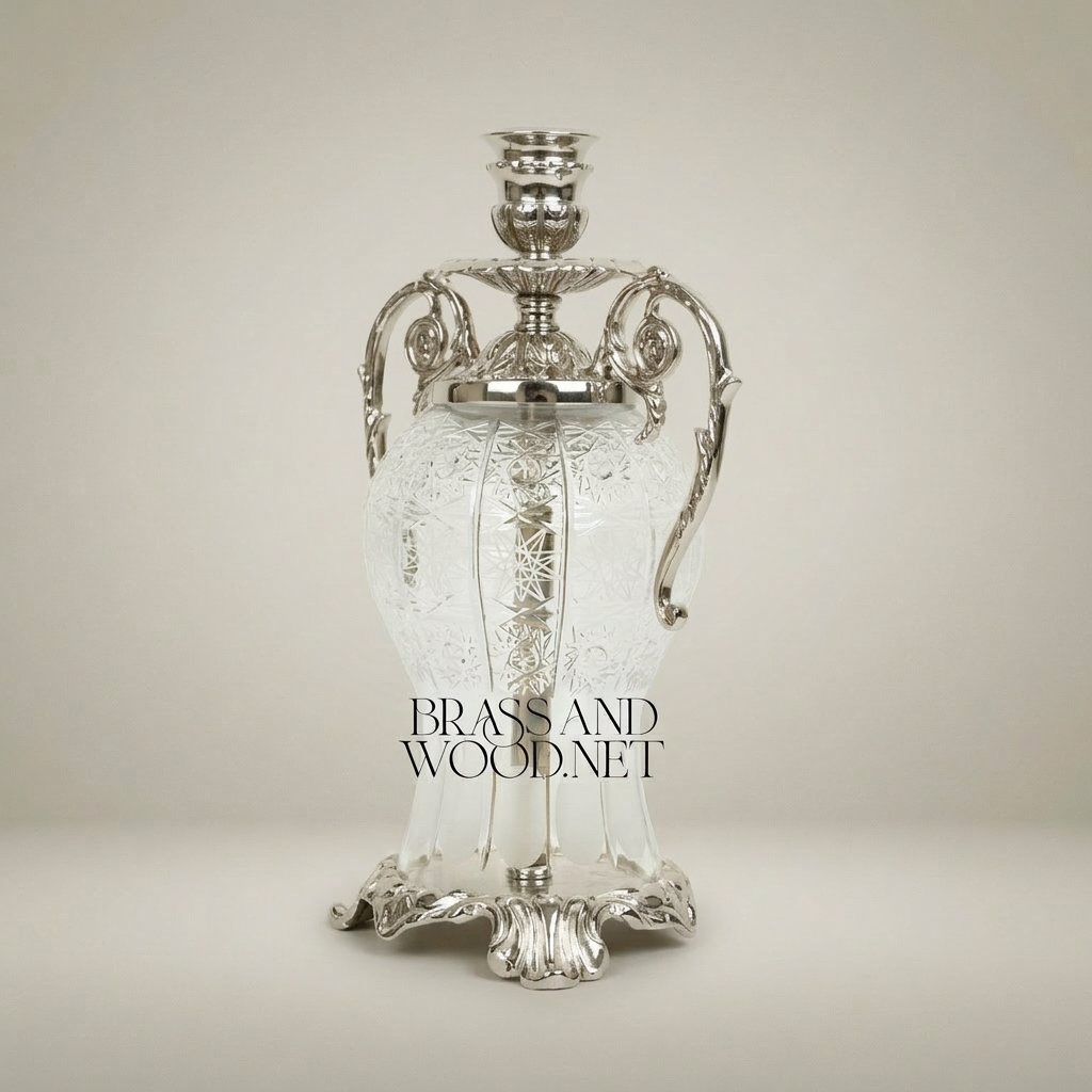 Rococo Etched Crystal & Brass Urn Candleholder - Scrolled Handle Amphora — Silver