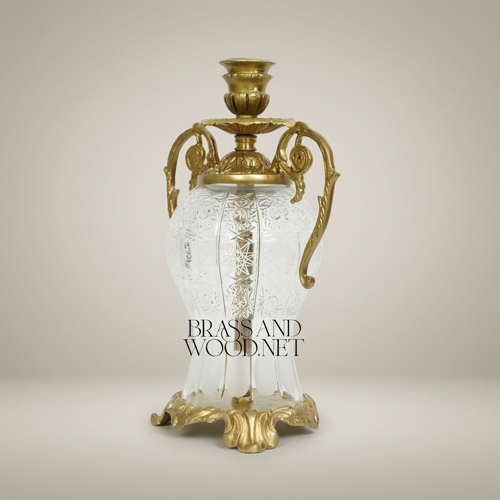 Rococo Etched Crystal & Brass Urn Candleholder - Scrolled Handle Amphora — Antique Gold