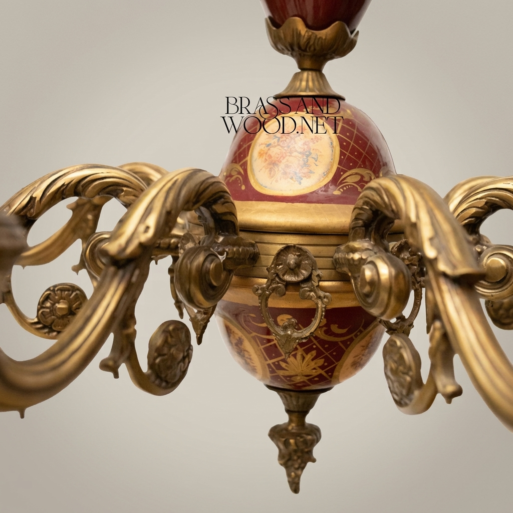 Rococo European 8-Arm Chandelier with Hand-Painted Wine Porcelain Medallions — Antique Gold