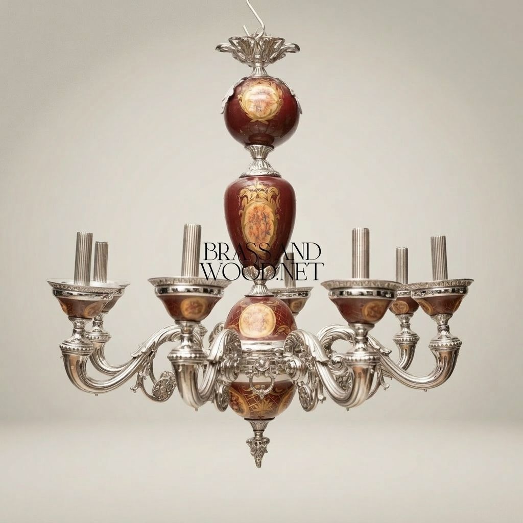 Rococo European 8-Arm Chandelier with Hand-Painted Wine Porcelain Medallions — Silver