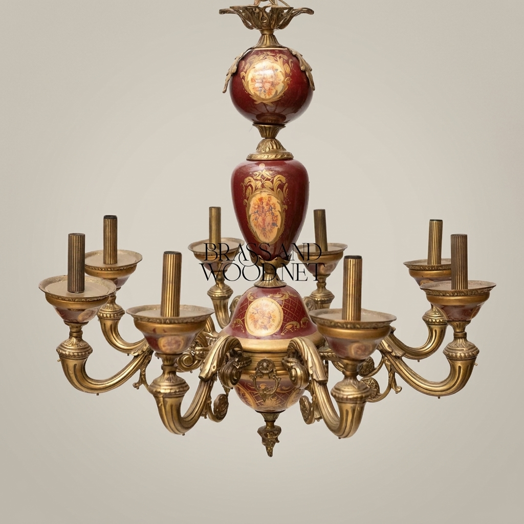 Rococo European 8-Arm Chandelier with Hand-Painted Wine Porcelain Medallions — Antique Gold