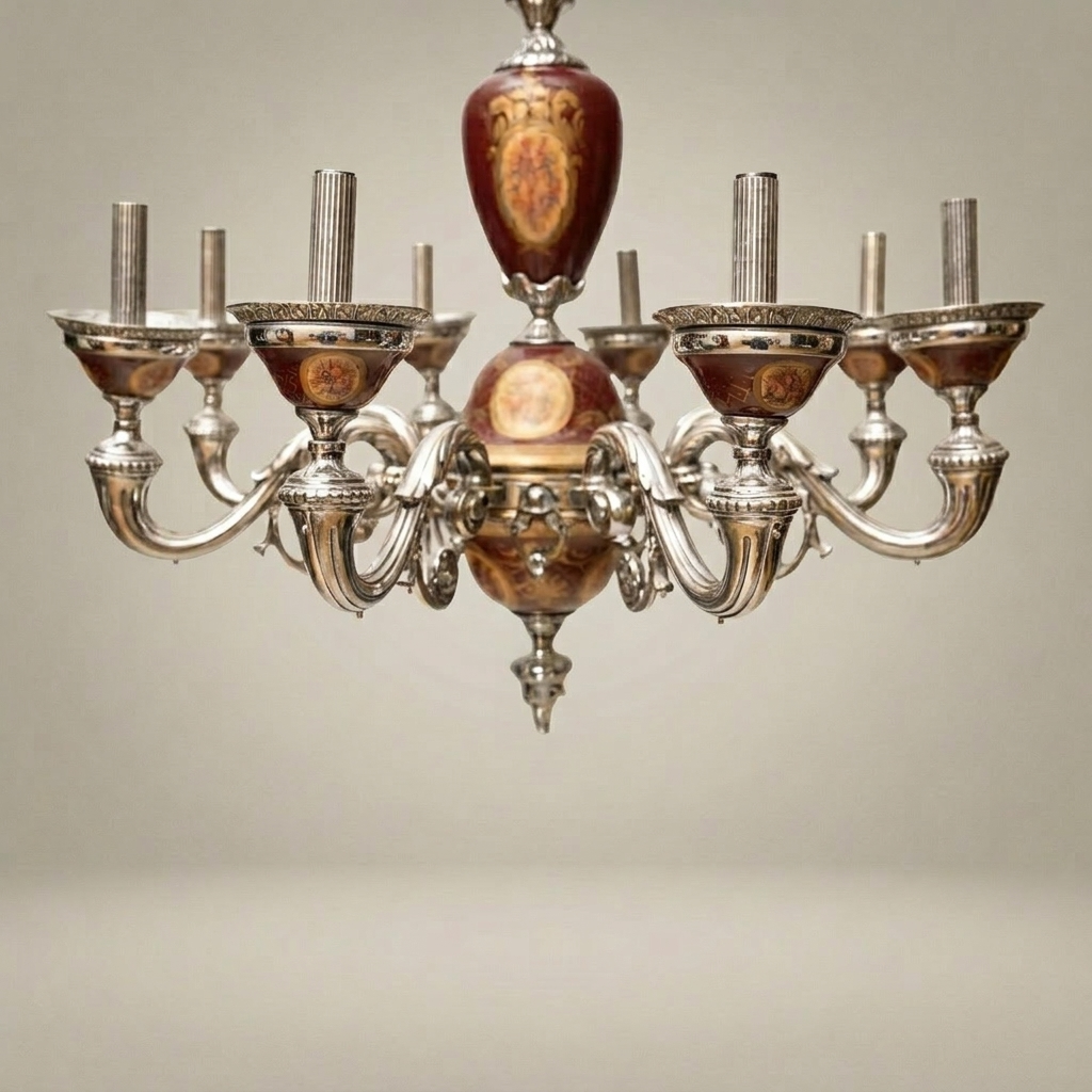 Rococo European 8-Arm Chandelier with Hand-Painted Wine Porcelain Medallions — Silver