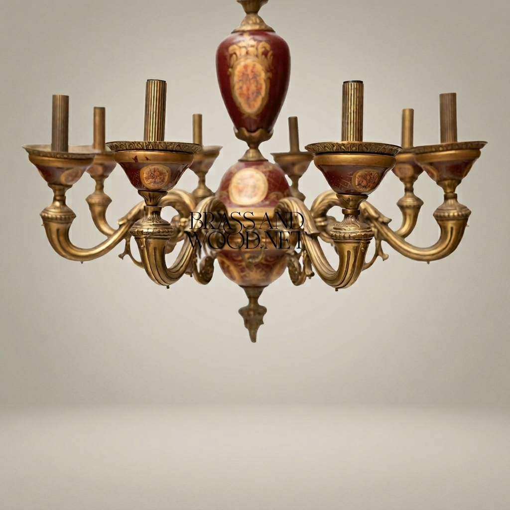 Rococo European 8-Arm Chandelier with Hand-Painted Wine Porcelain Medallions — Antique Gold
