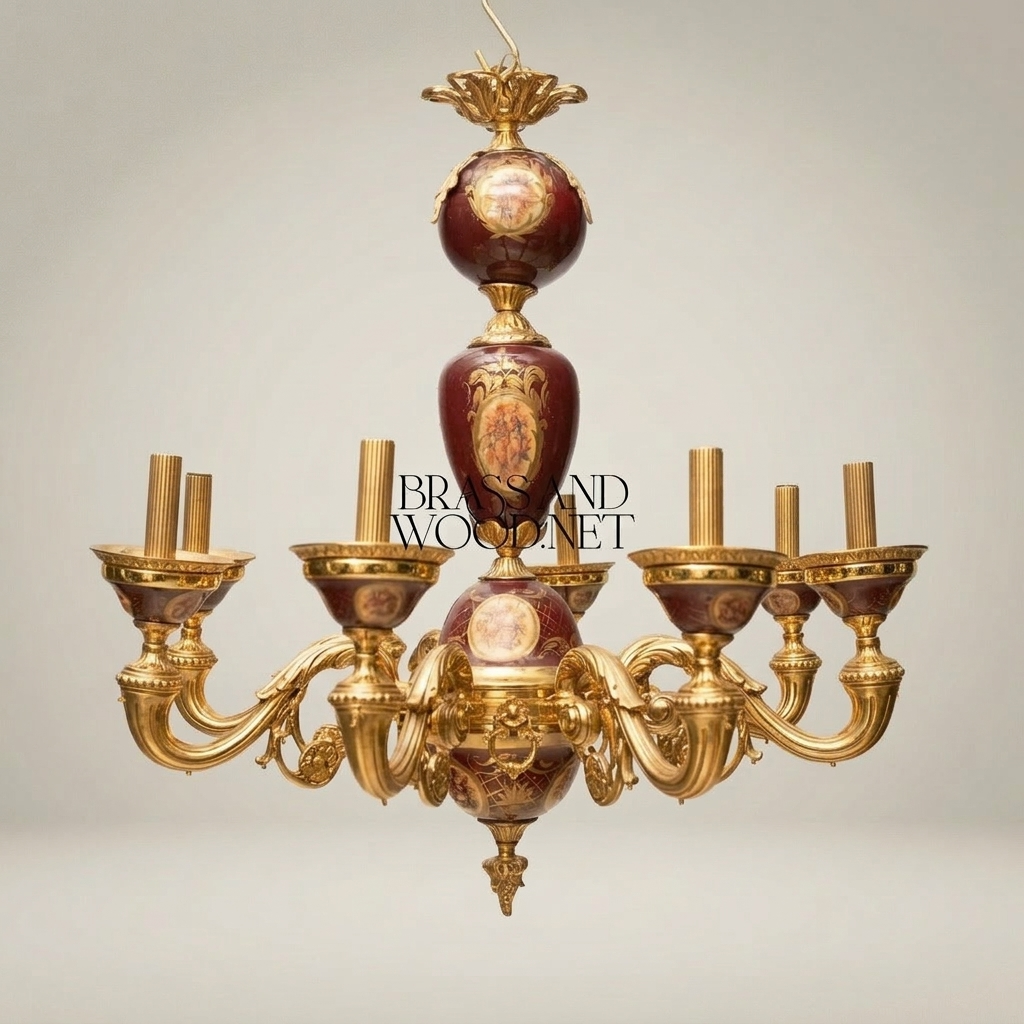 Rococo European 8-Arm Chandelier with Hand-Painted Wine Porcelain Medallions — Gold