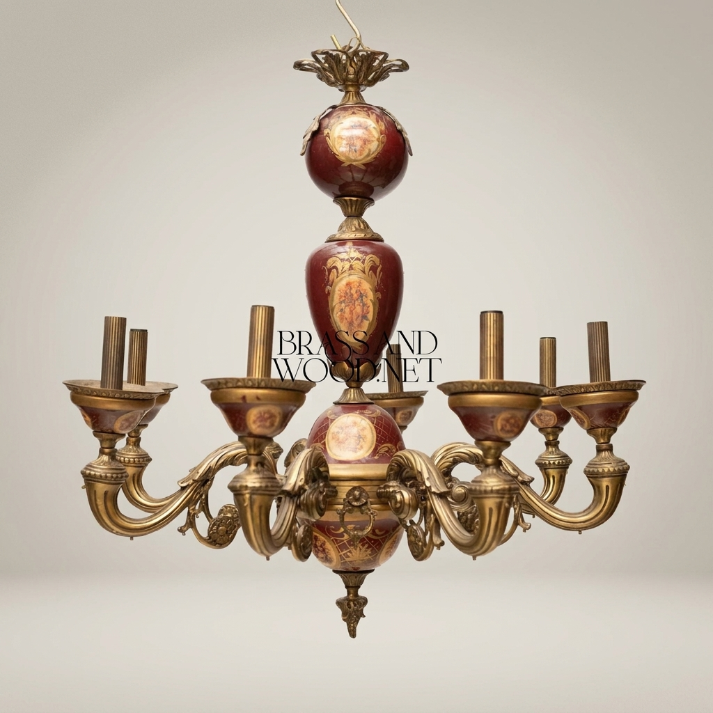 Rococo European 8-Arm Chandelier with Hand-Painted Wine Porcelain Medallions — Antique Gold