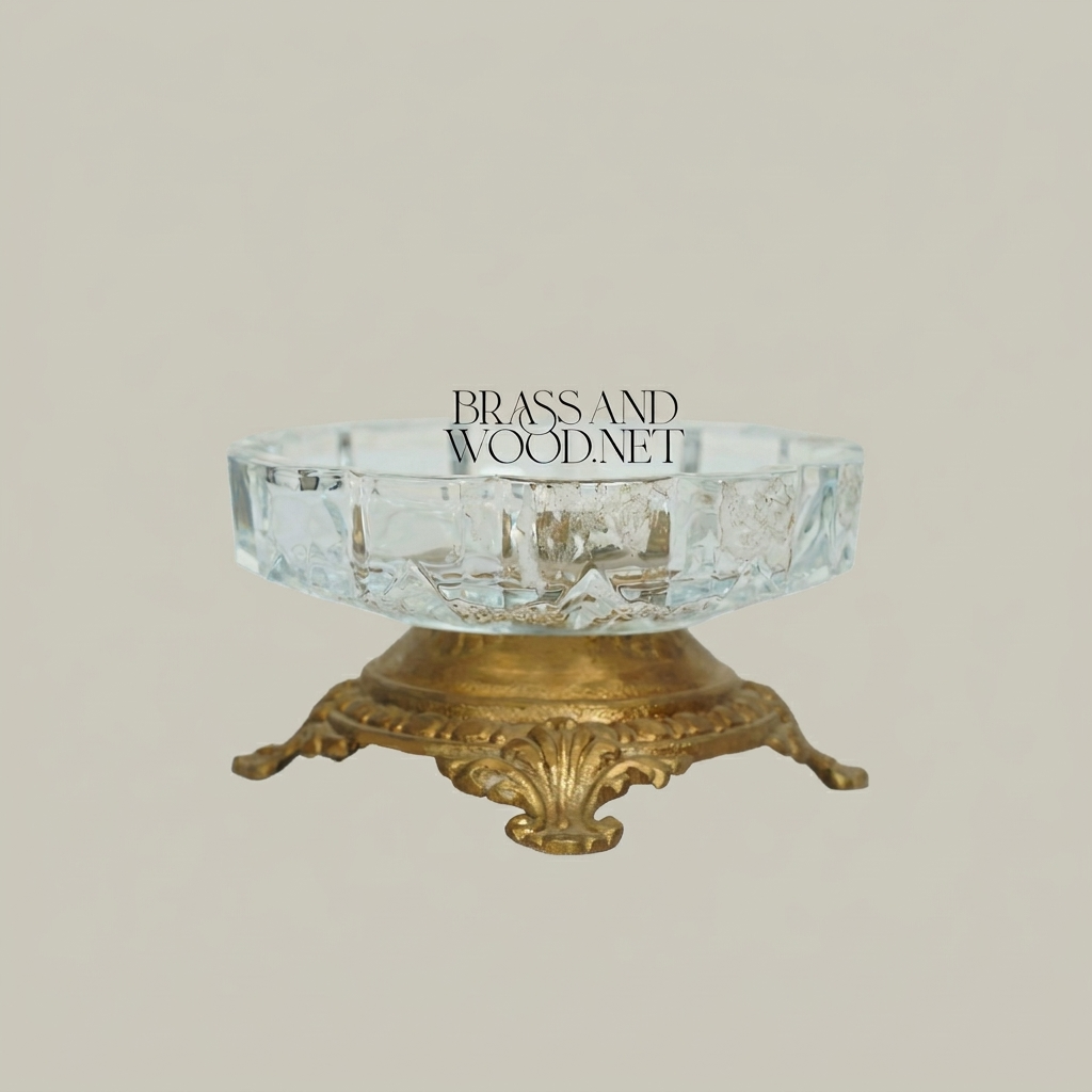 Rococo Faceted Crystal Ashtray on Scrolled Brass Pedestal — Antique Gold