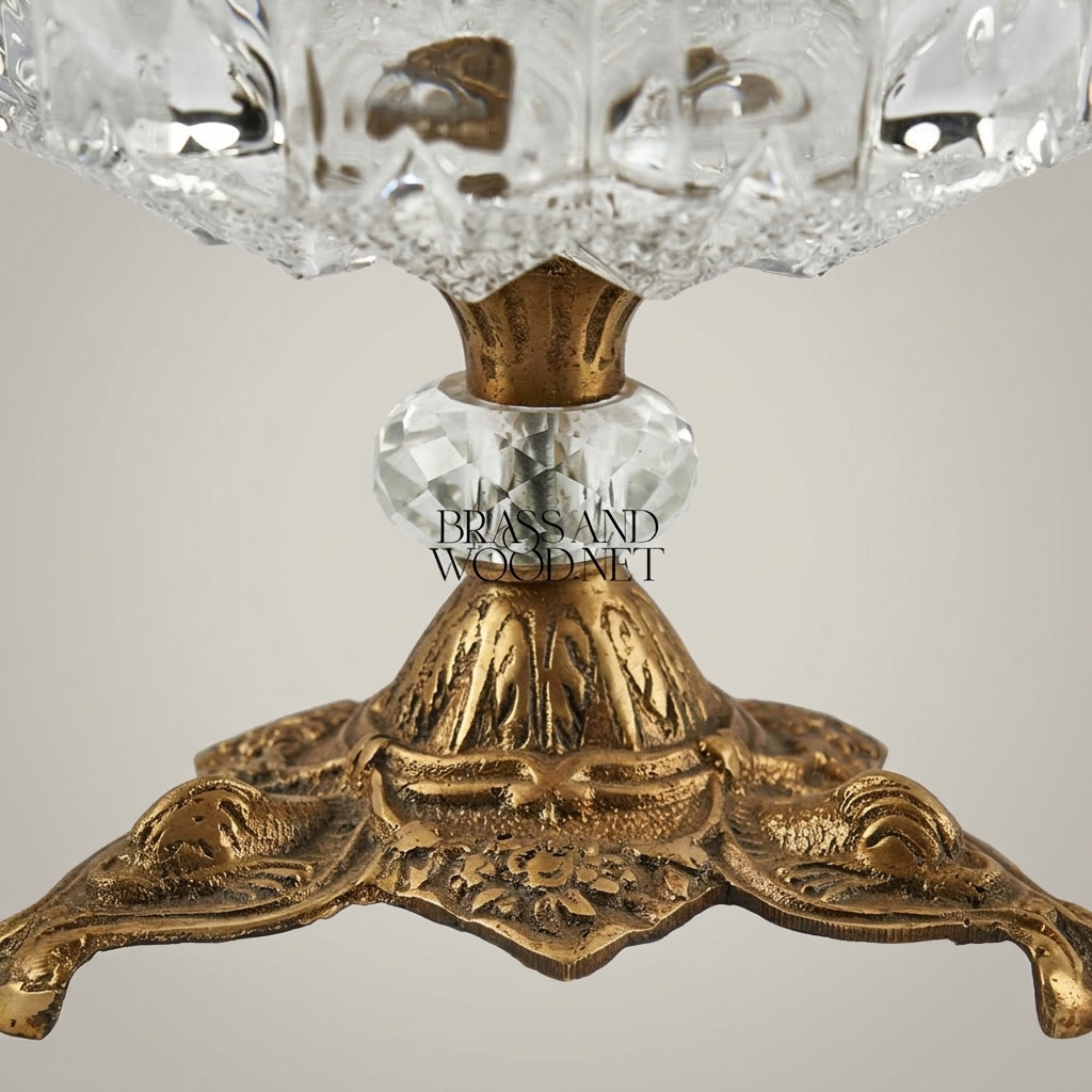 Rococo Faceted Crystal Ashtray on Scrolled Brass Tripod Pedestal — Antique Gold
