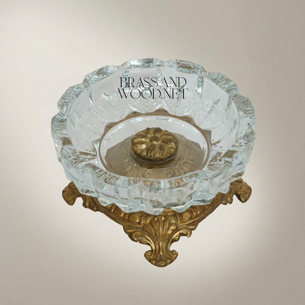 Rococo Faceted Crystal Ashtray on Scrolled Brass Pedestal — Antique Gold