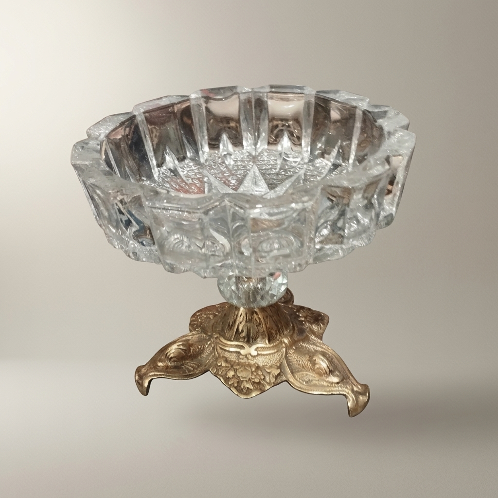 Rococo Faceted Crystal Ashtray on Scrolled Brass Tripod Pedestal — Antique Gold