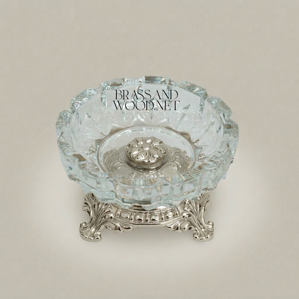 Rococo Faceted Crystal Ashtray on Scrolled Brass Pedestal — Silver