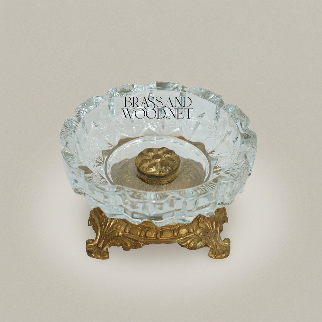 Rococo Faceted Crystal Ashtray on Scrolled Brass Pedestal — Antique Gold
