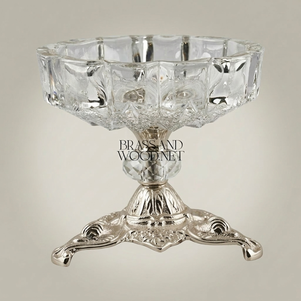 Rococo Faceted Crystal Ashtray on Scrolled Brass Tripod Pedestal — Silver