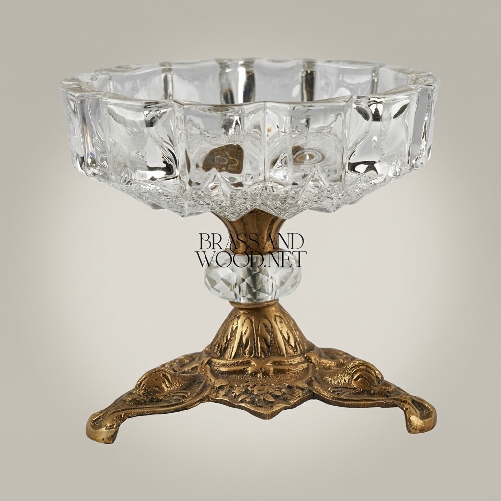 Rococo Faceted Crystal Ashtray on Scrolled Brass Tripod Pedestal — Antique Gold