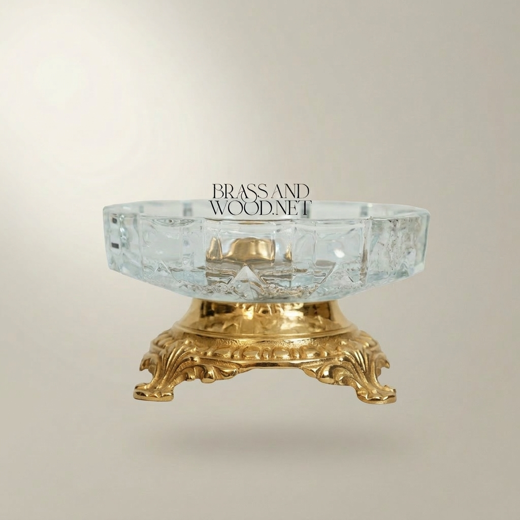 Rococo Faceted Crystal Ashtray on Scrolled Brass Pedestal — Gold