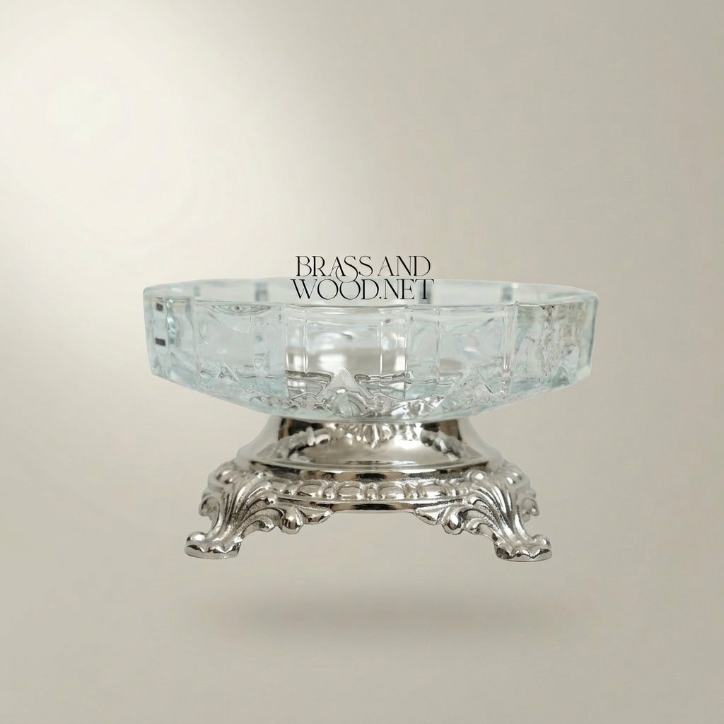 Rococo Faceted Crystal Ashtray on Scrolled Brass Pedestal — Silver