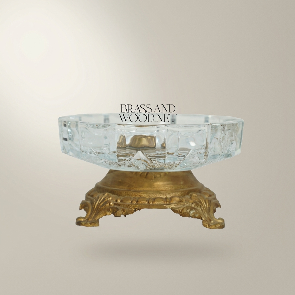 Rococo Faceted Crystal Ashtray on Scrolled Brass Pedestal — Antique Gold