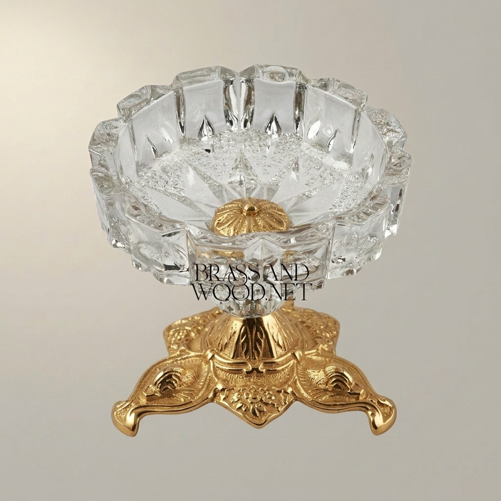 Rococo Faceted Crystal Ashtray on Scrolled Brass Tripod Pedestal