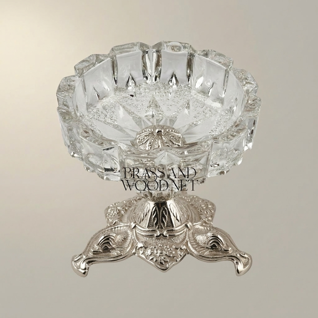 Rococo Faceted Crystal Ashtray on Scrolled Brass Tripod Pedestal — Silver