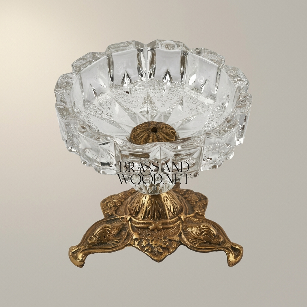 Rococo Faceted Crystal Ashtray on Scrolled Brass Tripod Pedestal — Antique Gold