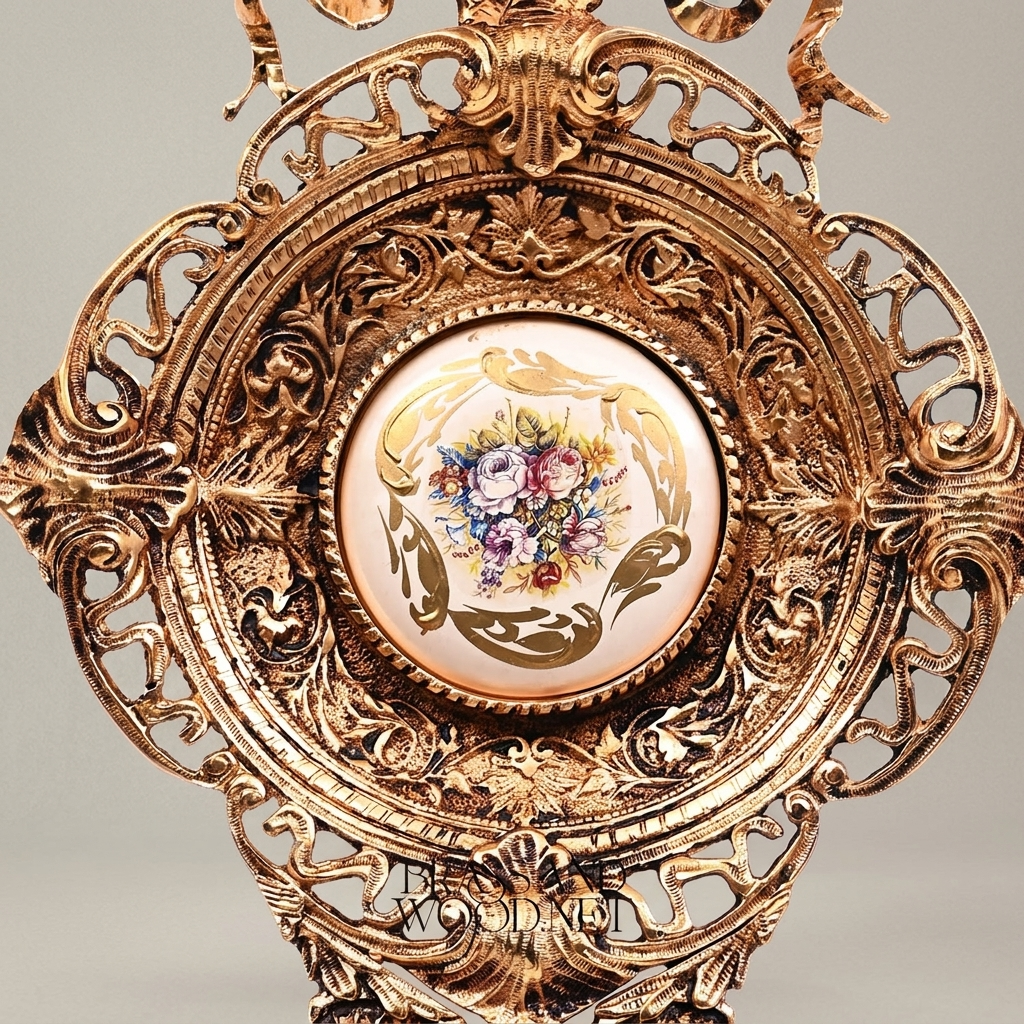 Rococo Filigree Brass Wall Medallion with Hand-Painted Floral Ceramic Centre — Antique Gold