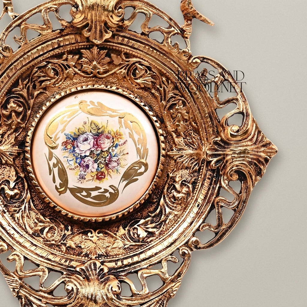 Rococo Filigree Brass Wall Medallion with Hand-Painted Floral Ceramic Centre — Antique Gold