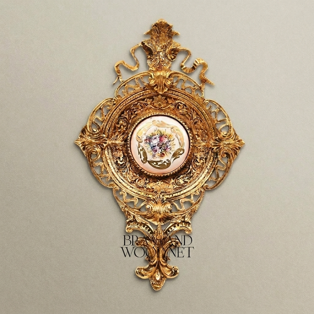 Rococo Filigree Brass Wall Medallion with Hand-Painted Floral Ceramic Centre