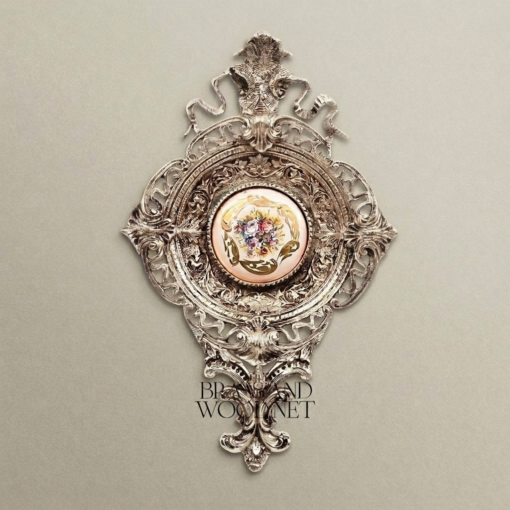 Rococo Filigree Brass Wall Medallion with Hand-Painted Floral Ceramic Centre — Silver