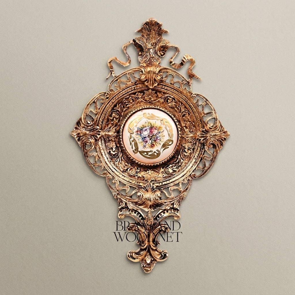 Rococo Filigree Brass Wall Medallion with Hand-Painted Floral Ceramic Centre — Antique Gold