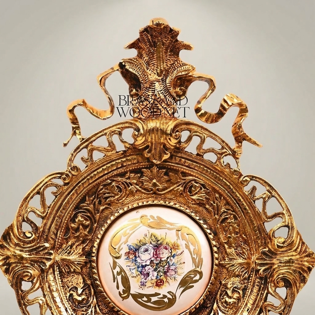 Rococo Filigree Brass Wall Medallion with Hand-Painted Floral Ceramic Centre — Gold