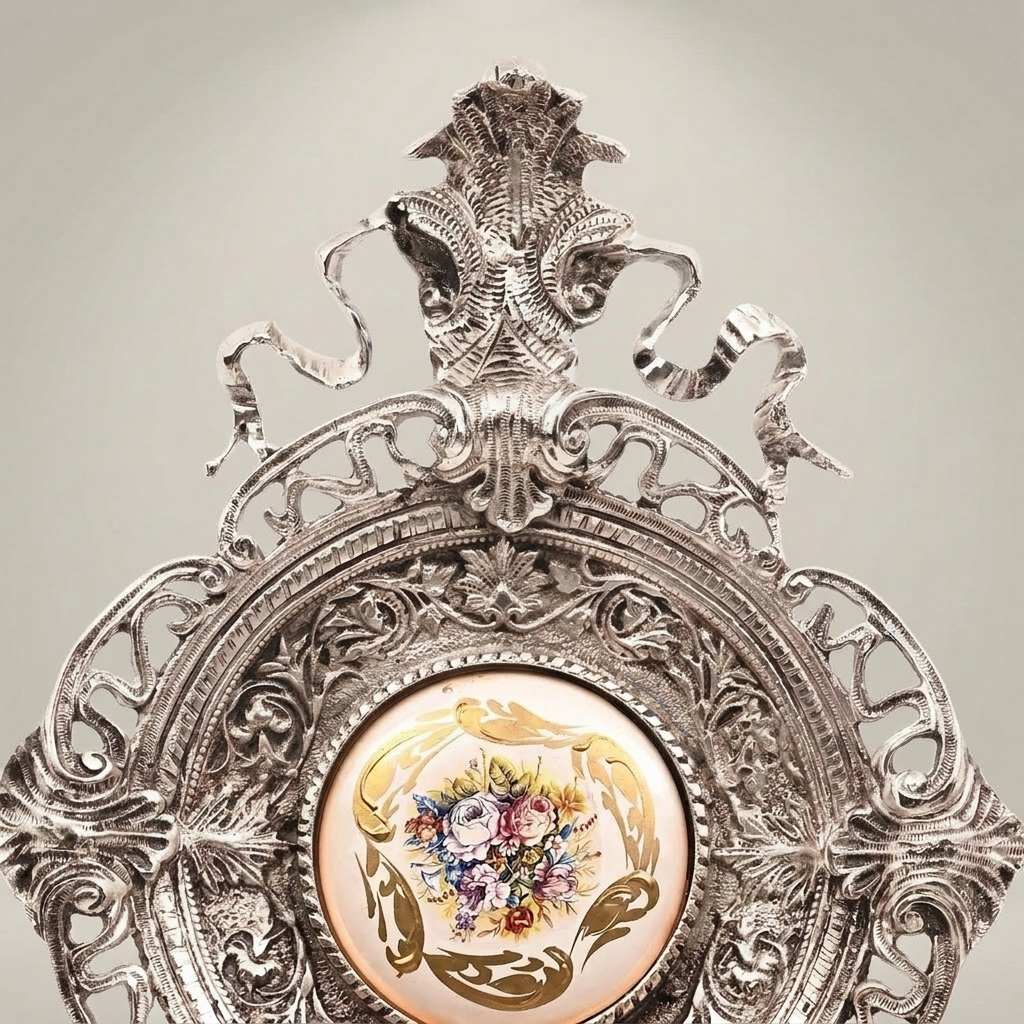 Rococo Filigree Brass Wall Medallion with Hand-Painted Floral Ceramic Centre — Silver