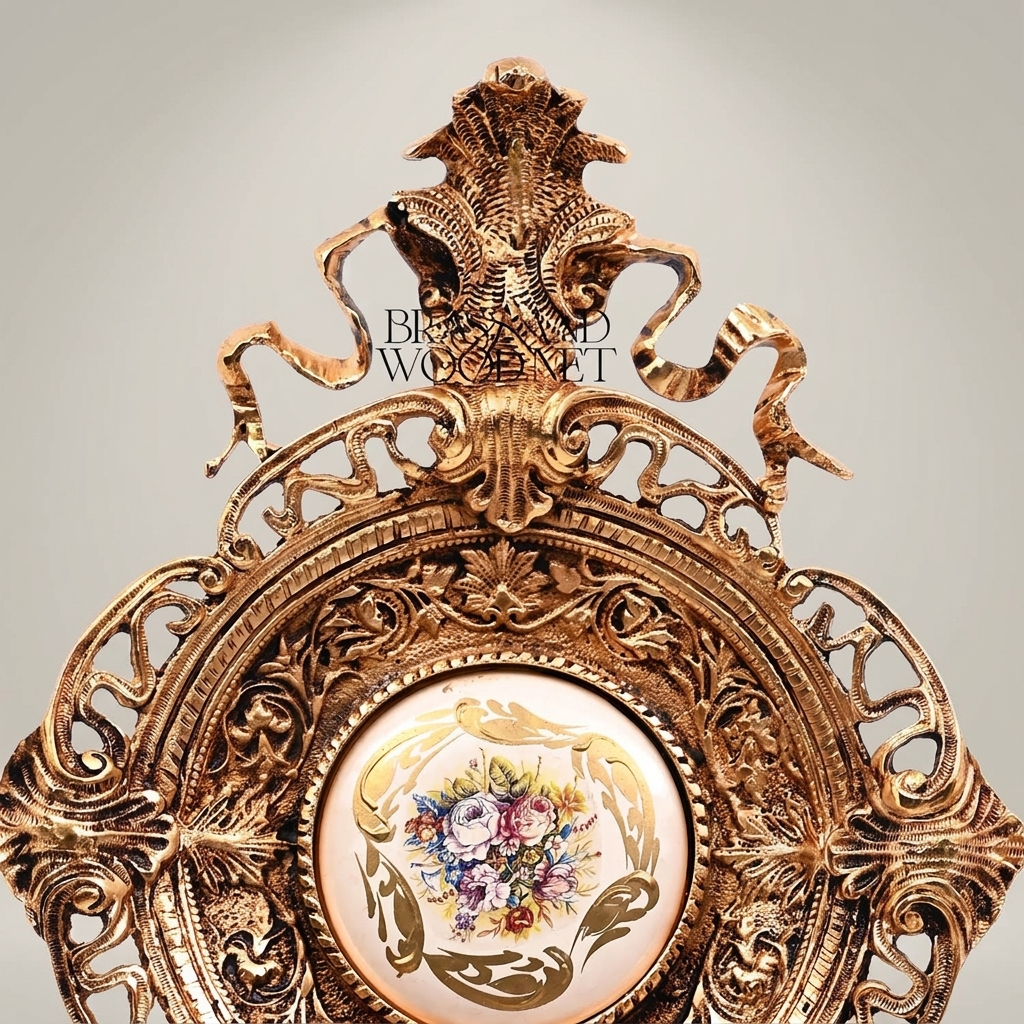 Rococo Filigree Brass Wall Medallion with Hand-Painted Floral Ceramic Centre — Antique Gold