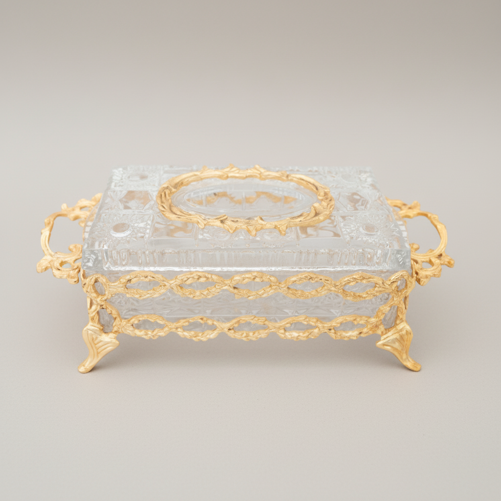 Rococo Filigree Metal & Crystal Tissue Box - Oval Wreath Lid — Gold